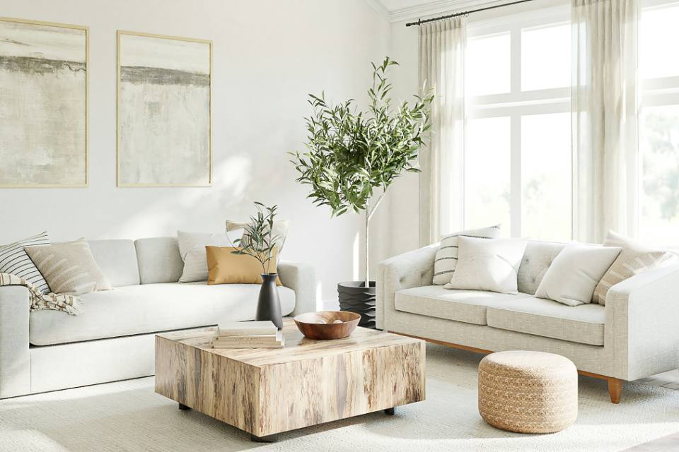 white carpet in living room with cream monochromatic decor and furniture.